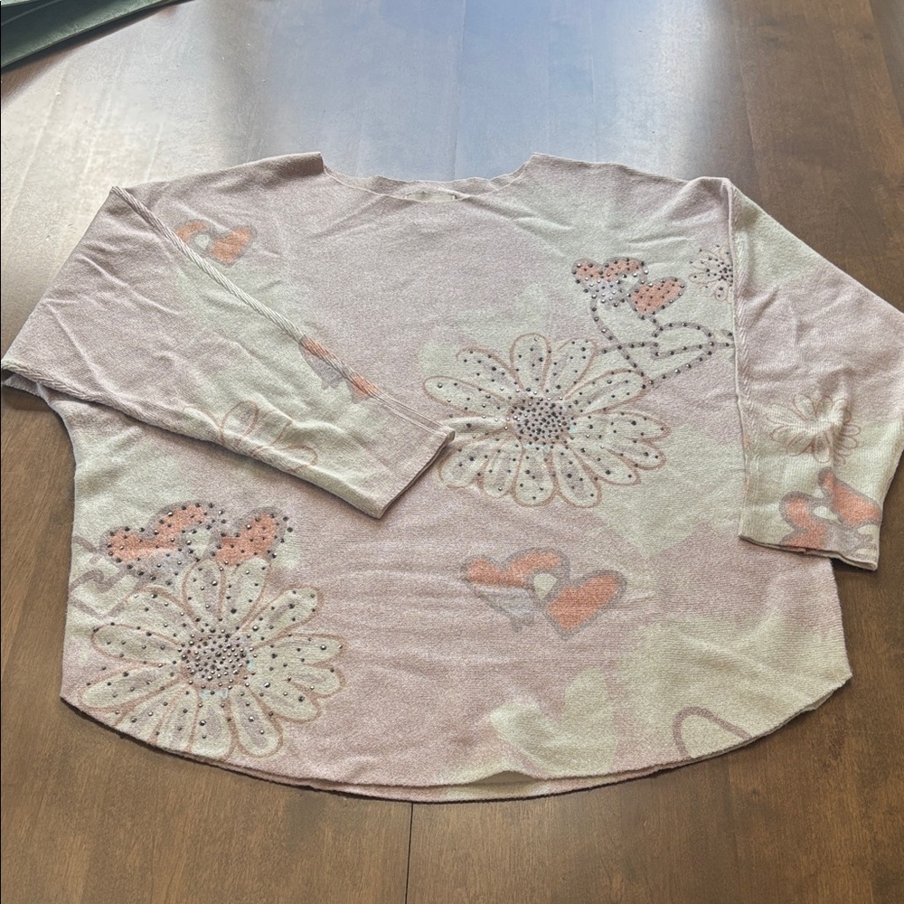 Soft Pink Floral and hearts 💕 Crew Neck Sweater with rhinestone details